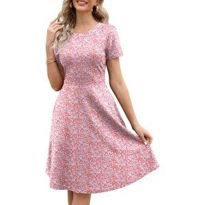 Women's Pink White Elegant Knee Length Vintage A-Line Swing Dress with Pocket